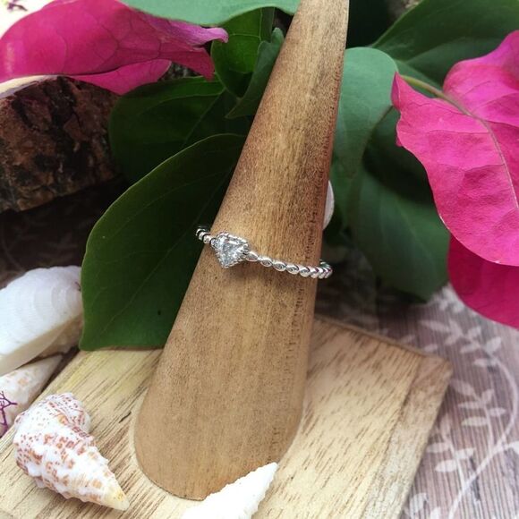 Sterling Silver Beaded Clear Heart CZ Ring 6,7 - Picture 7 of 9